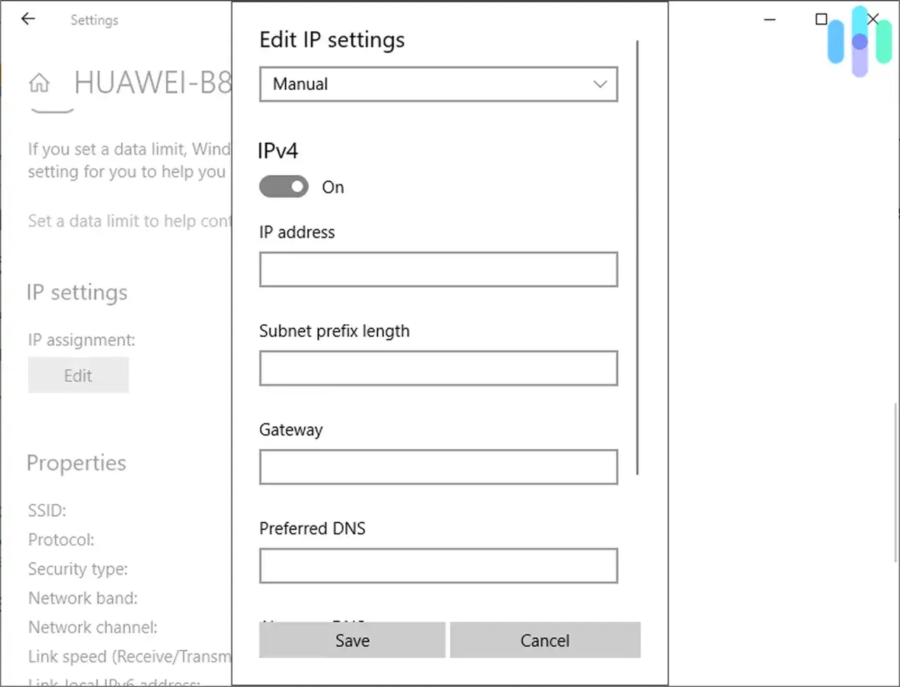Impostazioni per cambiare indirizzo IP manuale su IPv4. Inserisci indirizzo IP, subnet mask e gateway.