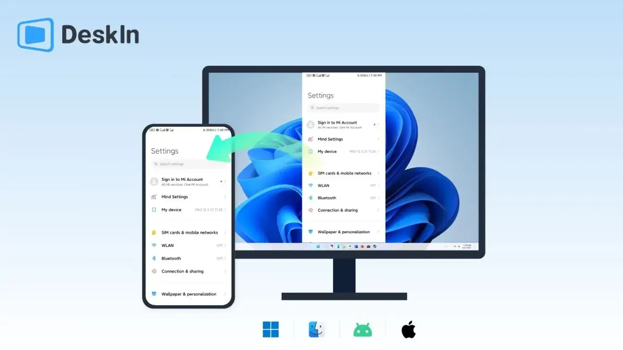 Collegamento al telefono Windows: il tuo smartphone e il PC sincronizzati. L'app DeskIn mostra le impostazioni del telefono su un monitor.