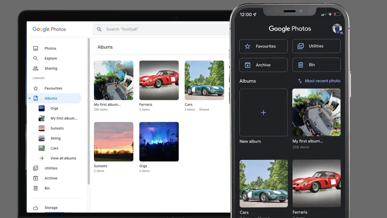 Interfaccia di Google Foto su laptop e smartphone, che mostra la sezione 