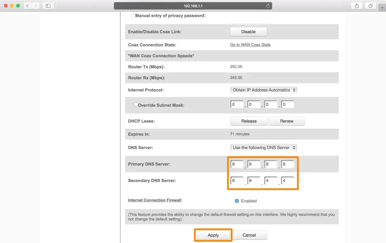 Impostazioni router per cambiare DNS. Campi per DNS primario e secondario visibili, con valori 8.8.8.8 e 8.8.4.4 inseriti.