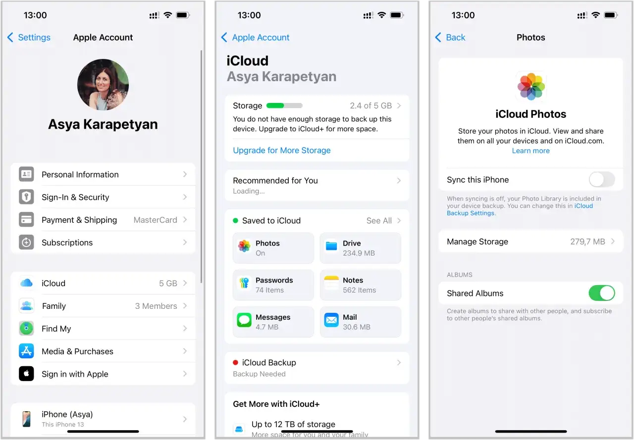 Schermata impostazioni Apple ID con accesso iCloud. Visualizza spazio di archiviazione, foto, password e backup.
