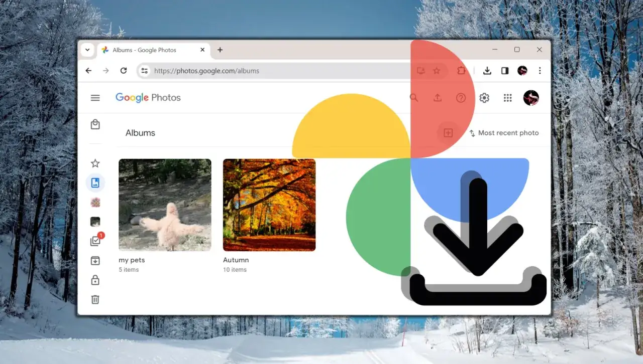 Guida per scaricare foto da Google Foto a PC. Interfaccia Google Foto con album e icona download.