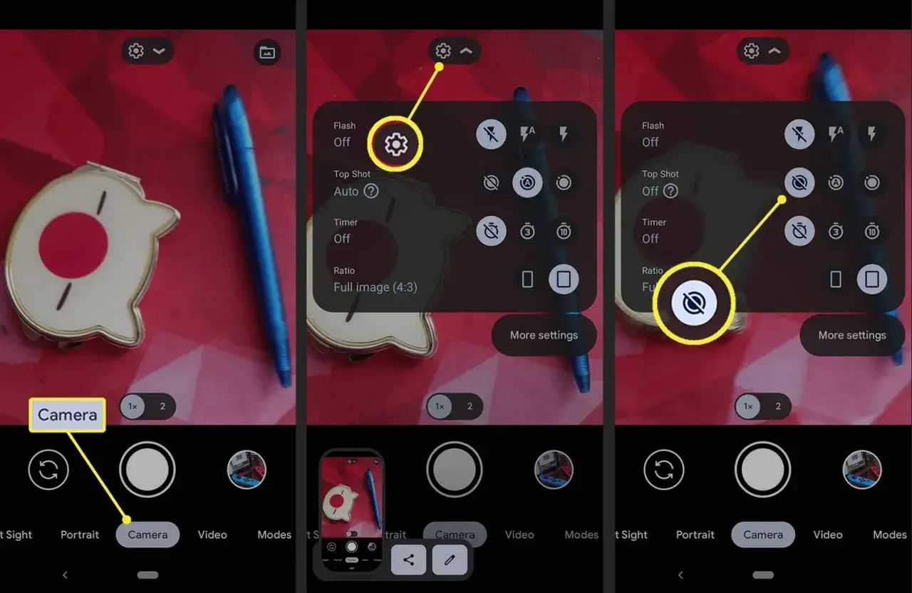 Schermata app fotocamera Android: impostazioni per disattivare la funzione 