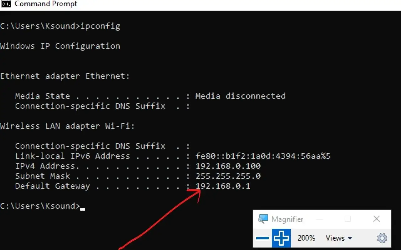 Schermata del prompt dei comandi che mostra l'indirizzo del router (Default Gateway) 192.168.0.1.