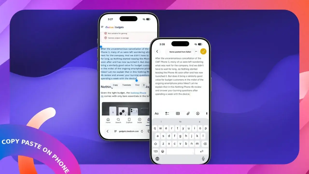 Due smartphone mostrano come si fa copia e incolla sul cellulare, con testo selezionato e opzioni di copia visibili.