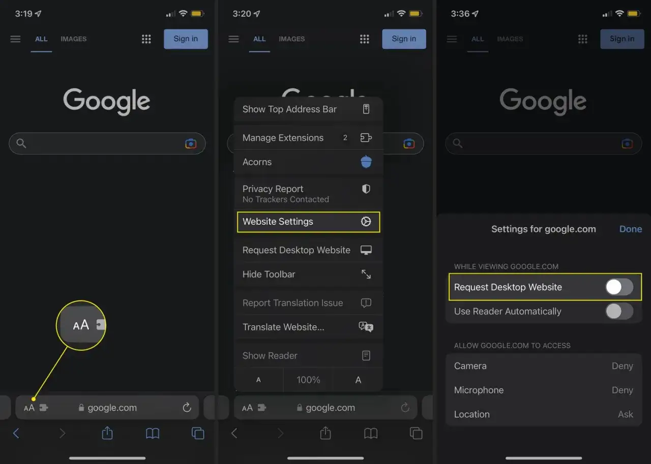 Impostazioni per google.com: richiesta sito desktop attiva.