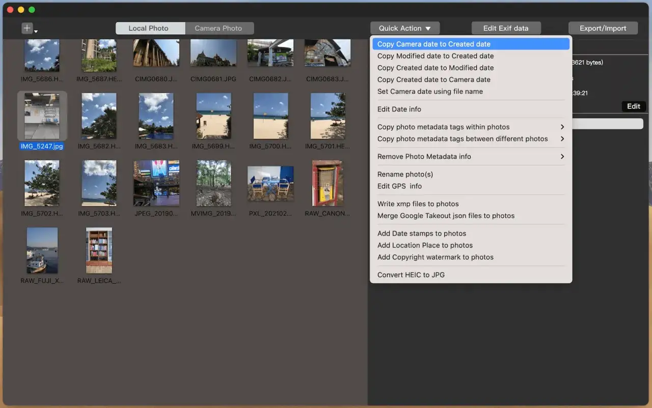 Interfaccia di gestione foto con anteprime e menu 