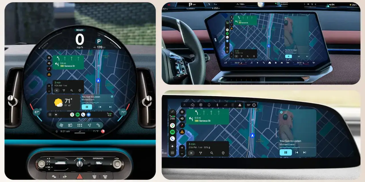 Schermate di Android Auto su display auto: navigazione, musica e meteo. Per sapere come aggiornare Android Auto, consulta le impostazioni del tuo telefono.