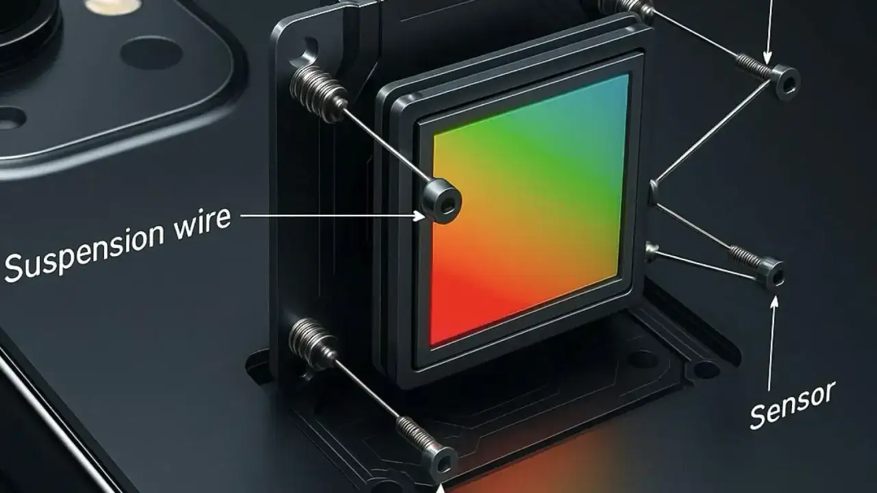 Dettaglio interno di una fotocamera iPhone con sensore colorato e fili di sospensione. Forse è questo il motivo per cui la fotocamera iPhone fa rumore strano.