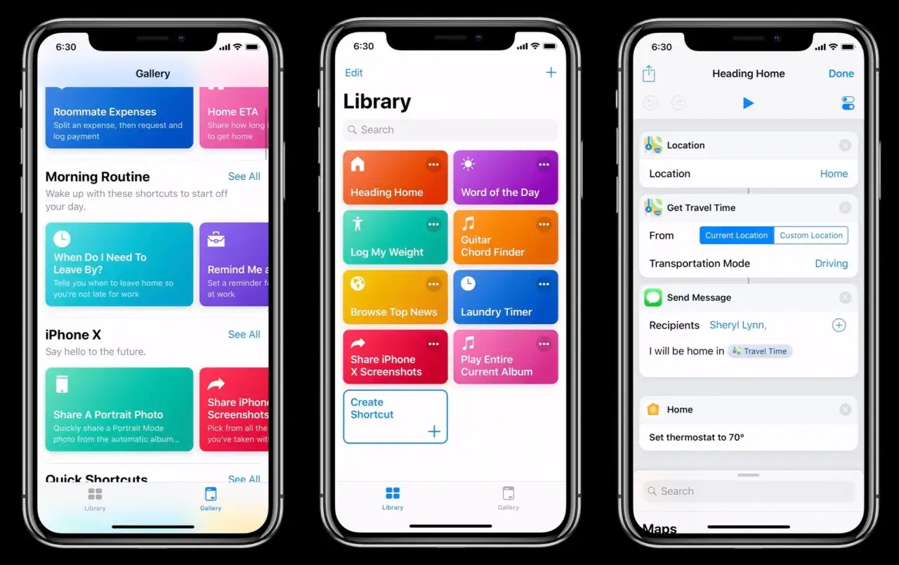 Schermate di iPhone che mostrano l'app Comandi Rapidi, con scorciatoie per la casa, la routine mattutina e la gestione delle spese.