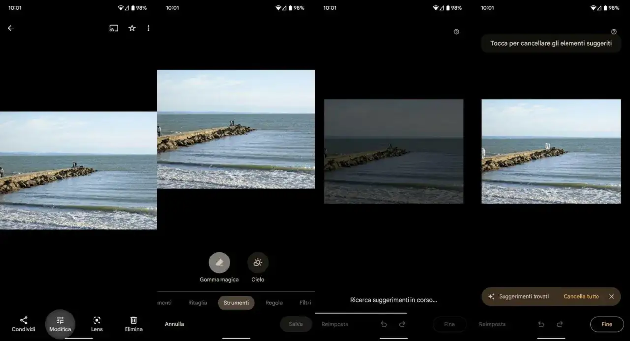 Google Photos editing screen showing a pier with people, with "Magic Eraser" tool highlighted.