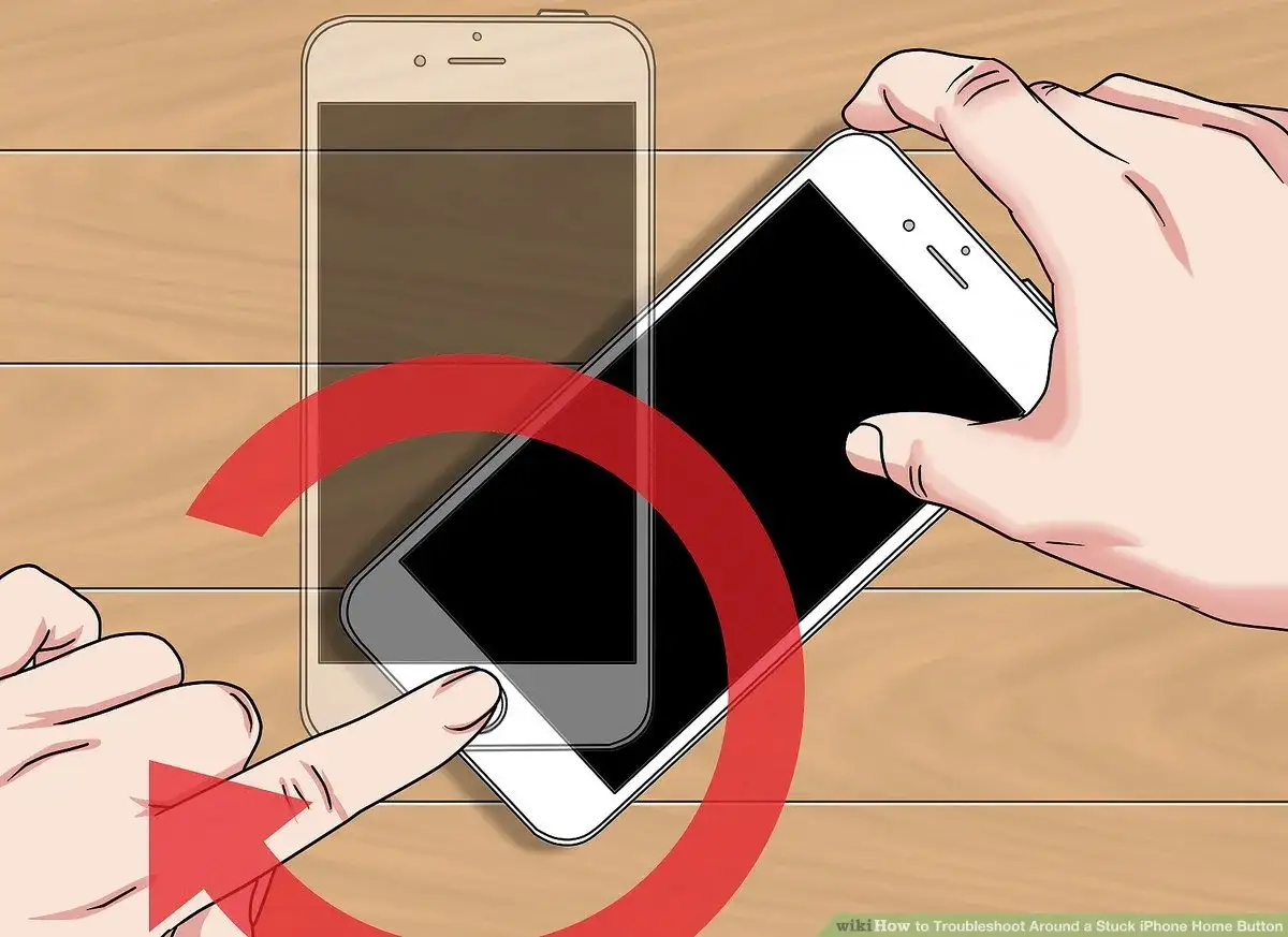 Mani che cercano di spegnere un iPhone con il tasto home bloccato. Un cerchio rosso indica un'azione da non compiere.