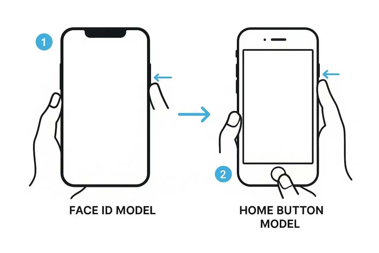 Guida per come fotografare lo schermo del cellulare: premi contemporaneamente il tasto laterale e il tasto volume su (Face ID) o il tasto laterale/superiore e il tasto Home (Home Button).