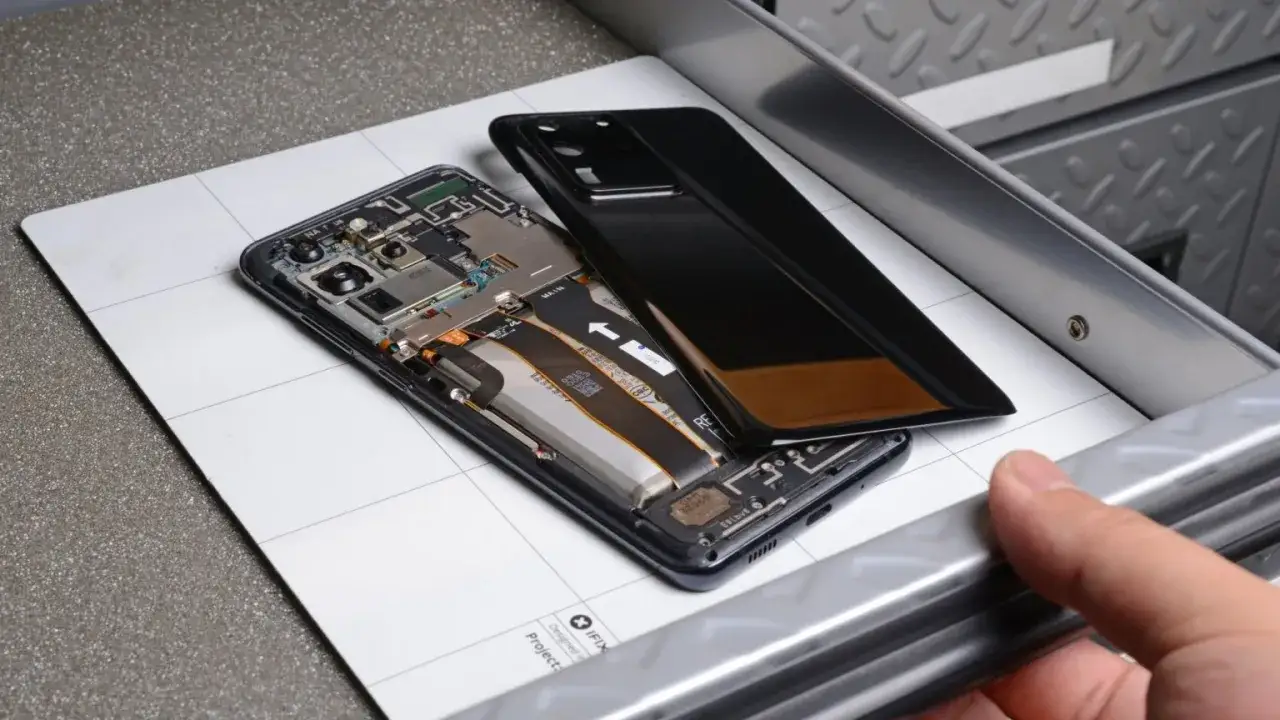 Cellulare aperto mostra la batteria gonfia, un problema comune che richiede attenzione.