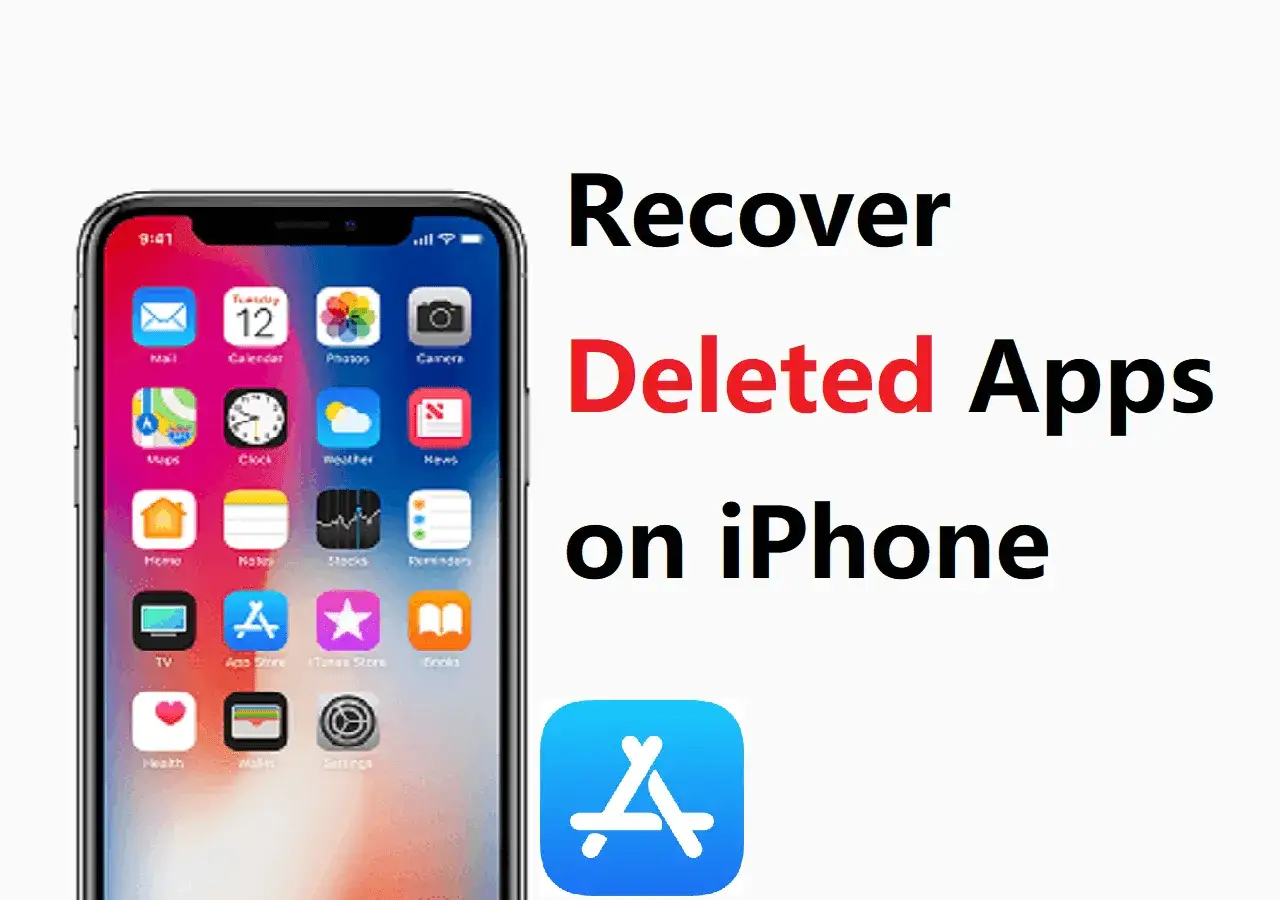 Recupera app cancellate di recente su iPhone. L'immagine mostra un iPhone con varie app e il testo