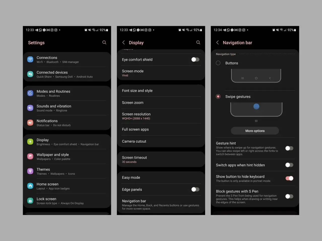 Impostazioni Samsung: navigazione con gesture o pulsanti, per una sensibilit&agrave; al tocco personalizzata.
