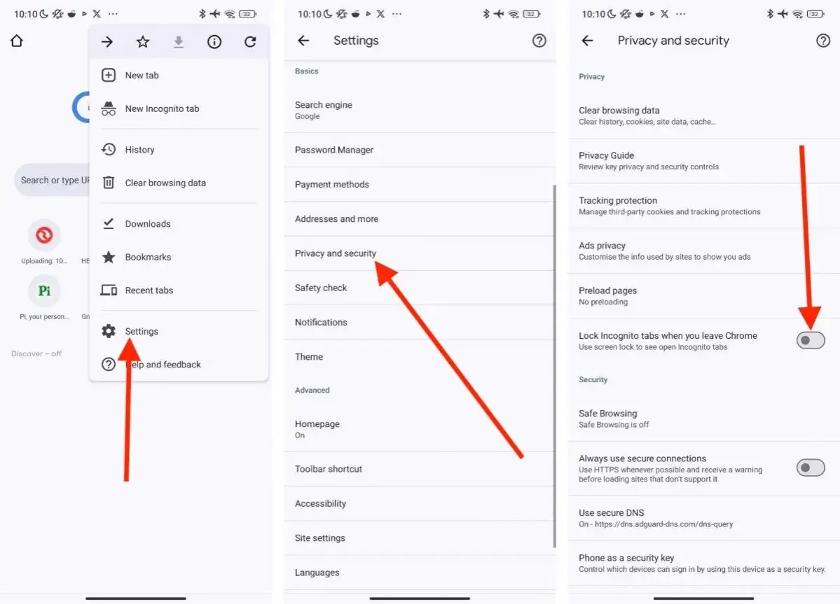 Schermata di Google Chrome con frecce rosse che indicano le impostazioni di privacy e sicurezza.