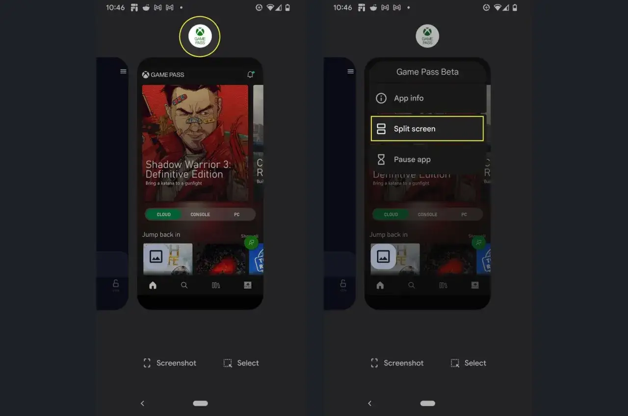 Android multitasking: Game Pass app in split screen mode, pronto per giocare ovunque.