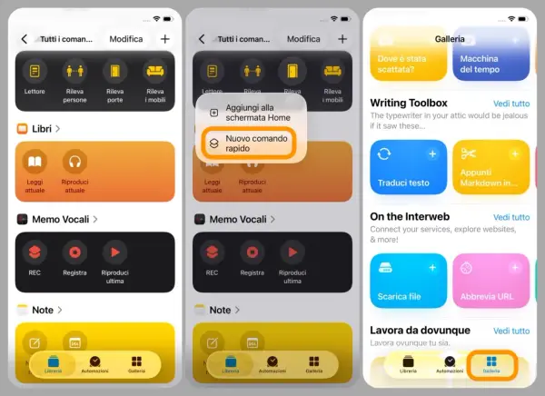 Schermate iPhone che mostrano la creazione di comandi rapidi, con opzioni per aggiungere nuove automazioni e gestire app.