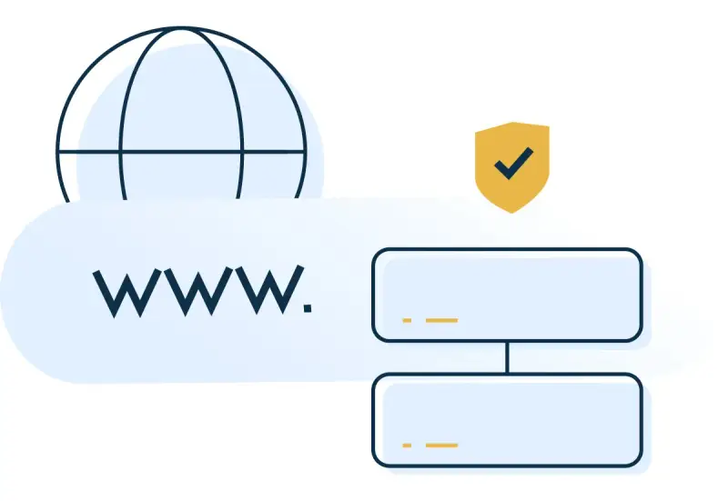 Icona di un globo con "www." e due riquadri collegati, suggerisce la necessità di cambiare DNS per una navigazione sicura e efficiente.