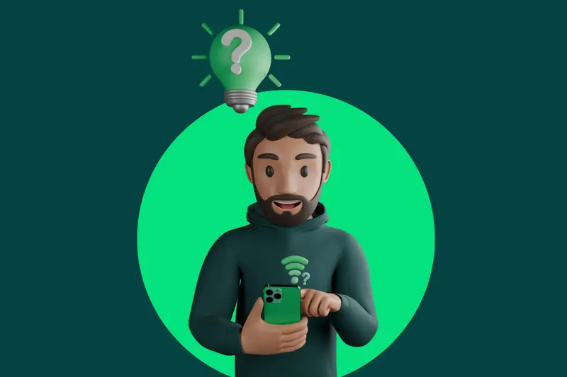 Uomo con smartphone e lampadina con punto interrogativo sopra la testa. La connessione dati non funziona, ma cerca una soluzione.