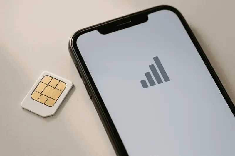 Scheda SIM accanto a uno smartphone con icona di segnale. Guida su come togliere la SIM dal telefono.
