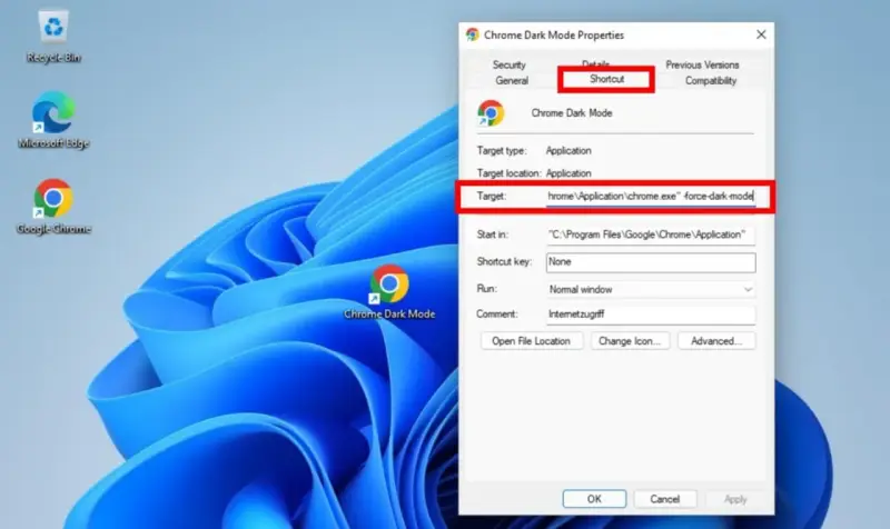 Immagine desktop Windows con icona "Chrome Dark Mode" e finestra proprietà. Il campo "Target" mostra il comando per attivare lo sfondo nero di Google Chrome.