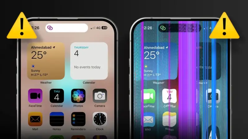 Schermo iPhone con colori strani e linee verticali viola e blu. Un avviso giallo con un punto esclamativo indica un problema.