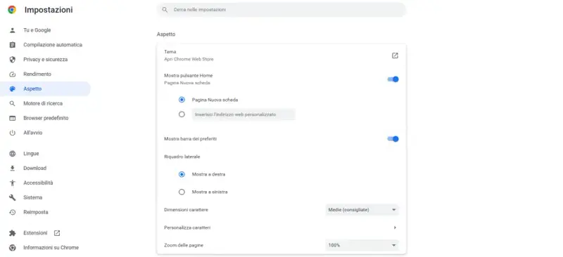 Impostazioni di Chrome: seleziona "Pagina Nuova scheda" per impostare nuova scheda chrome.