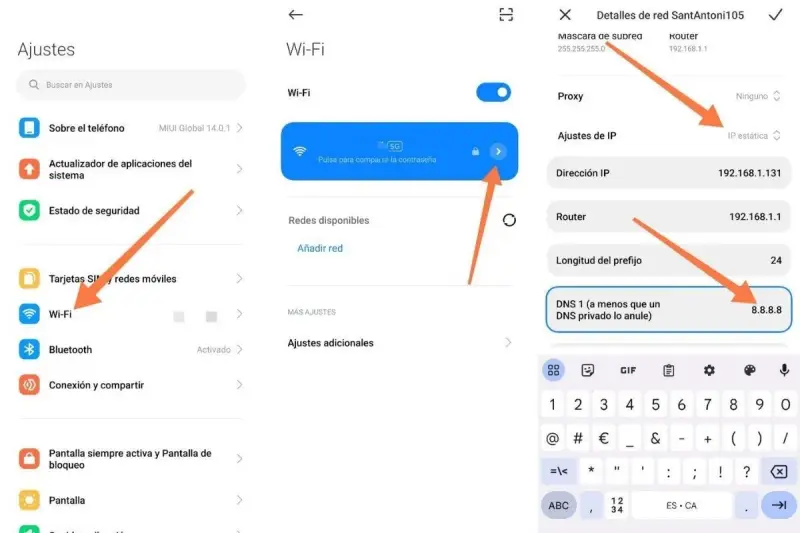Configurazione DNS su Android: imposta 8.8.8.8 per i migliori DNS.